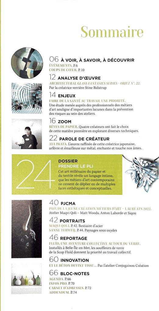 Sommaire du magazine « Ateliers d’Art - le magazine des métiers d’Art numéro 159. Aout 2022
